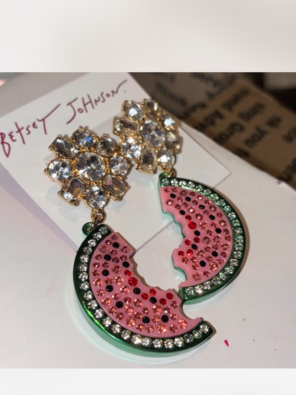Betsey Johnson Rhinestone Watermelon Earrings Pave Crystals NWT